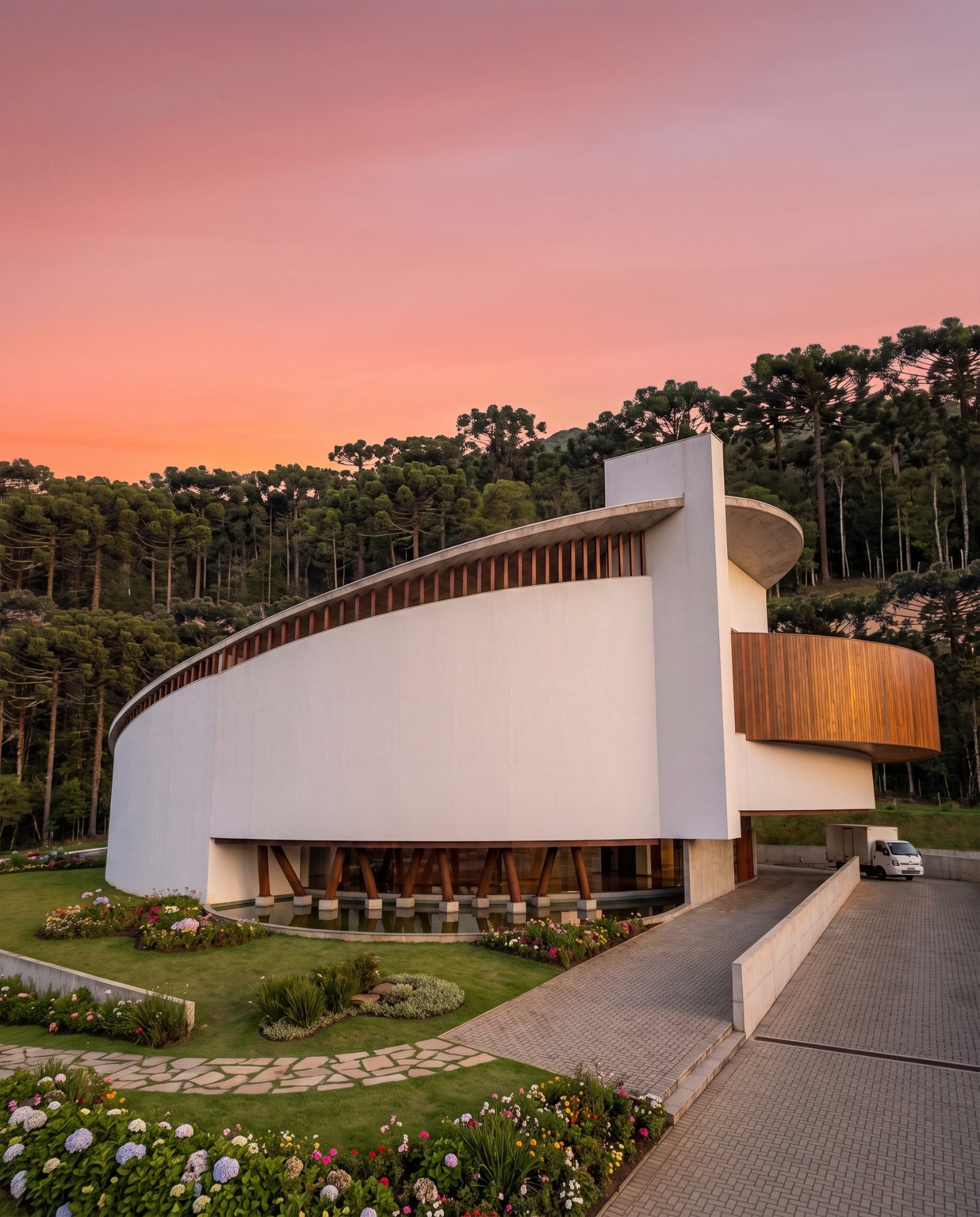 Fachada curva em concreto e madeira ao entardecer